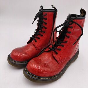 Doc Dr Martens Glitter Red Combat Boots 7  Youth Lace Up Grunge Bling Rock Shoes